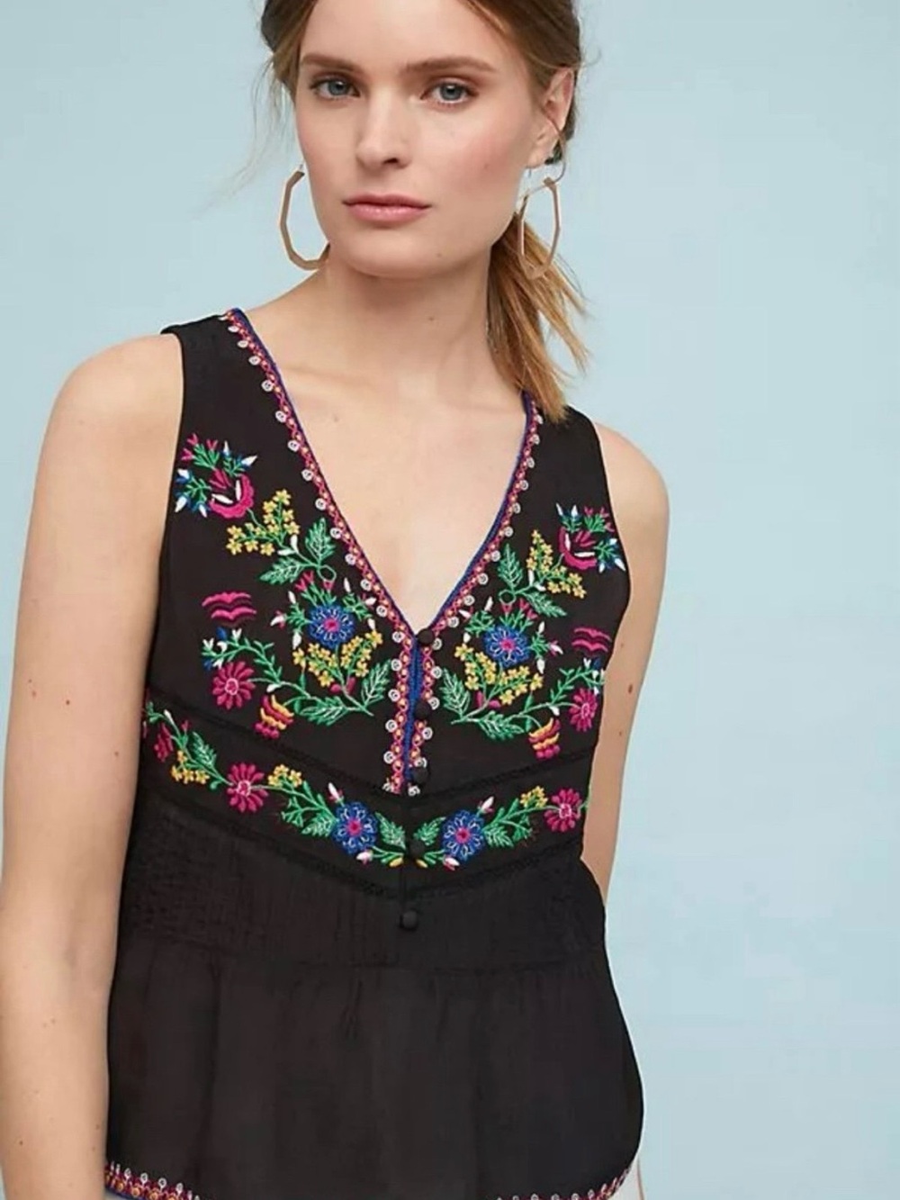 Anthropologie Maeve Carlotta Heavily Floral Embroidered Boho Peasant Blouse Sz S